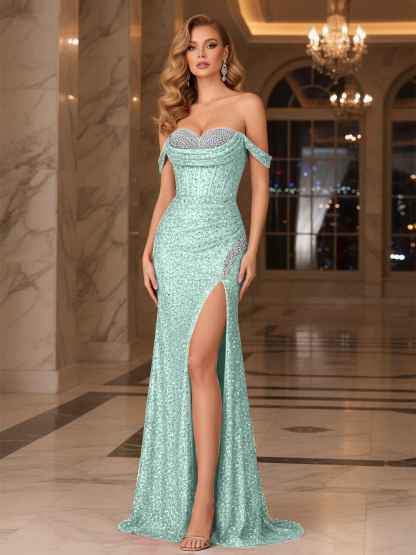 Dark Red Crystal Off-the-Shoulder Corset Prom Dress with Slit