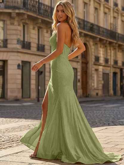 Yellow Beaded Halter Corset Prom Dress with High Slit