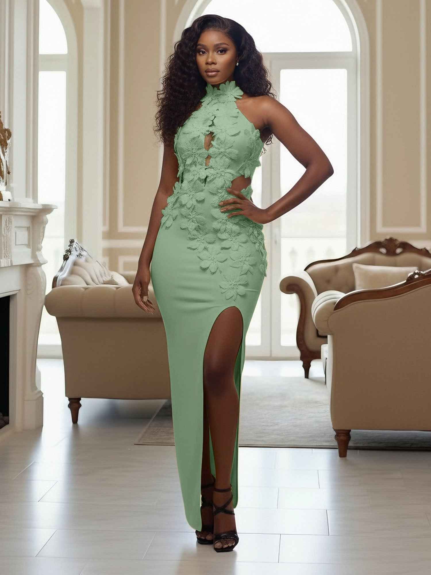 Yellow Halter Neck 3D Flower Mermaid Long Prom Dress with Slit