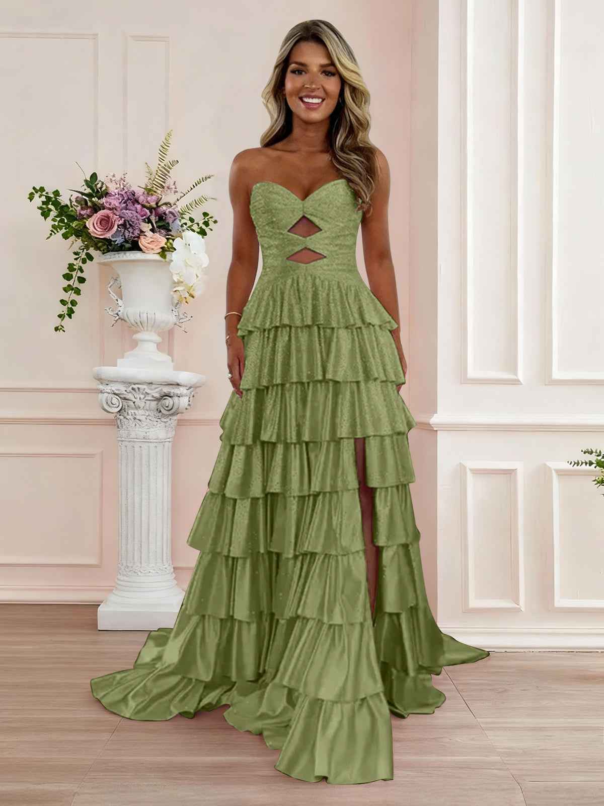 A Line Strapless Sweetheart Satin Prom Dress with Keyhole