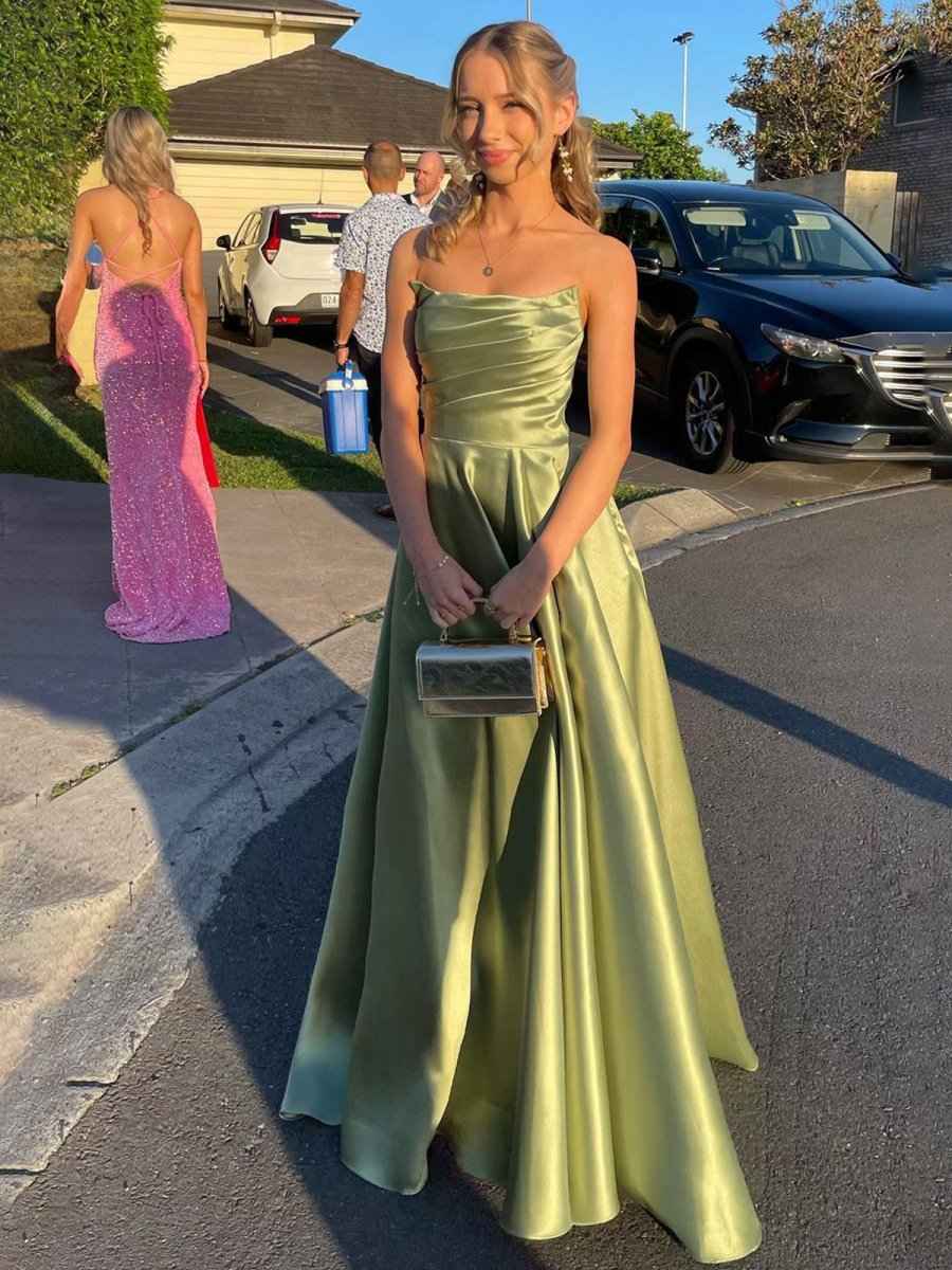 Sage Green A Line Strapless Satin Long Prom Dress with Slit