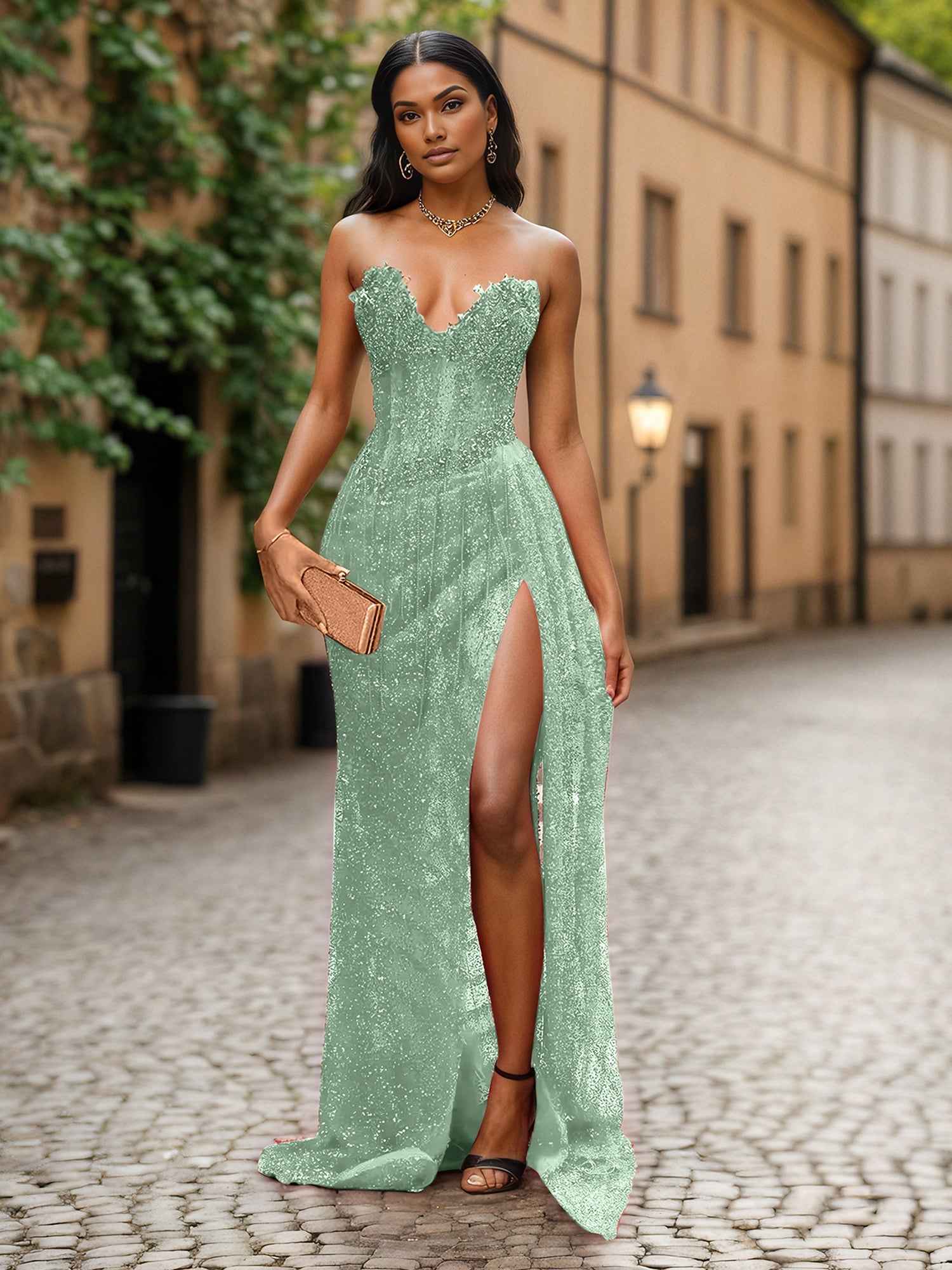 Red Strapless Beaded Fringe Waist Sequin Prom Dress with High Slit