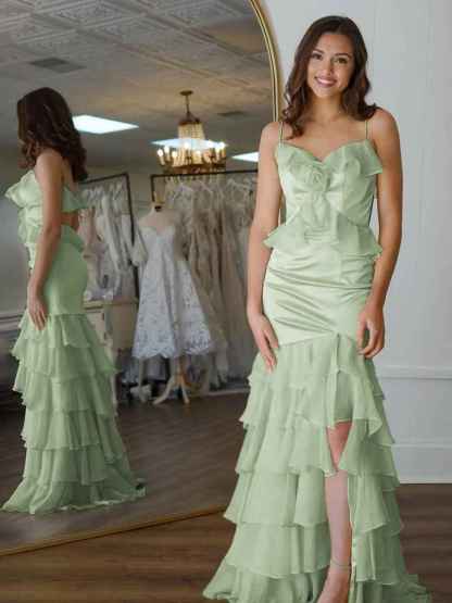 Yellow Mermaid Ruffle Chiffon Long Prom Dress with Flower