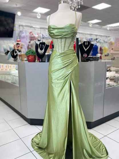 Yellow Mermaid Scoop Neck Satin Long Prom Dress with Slit