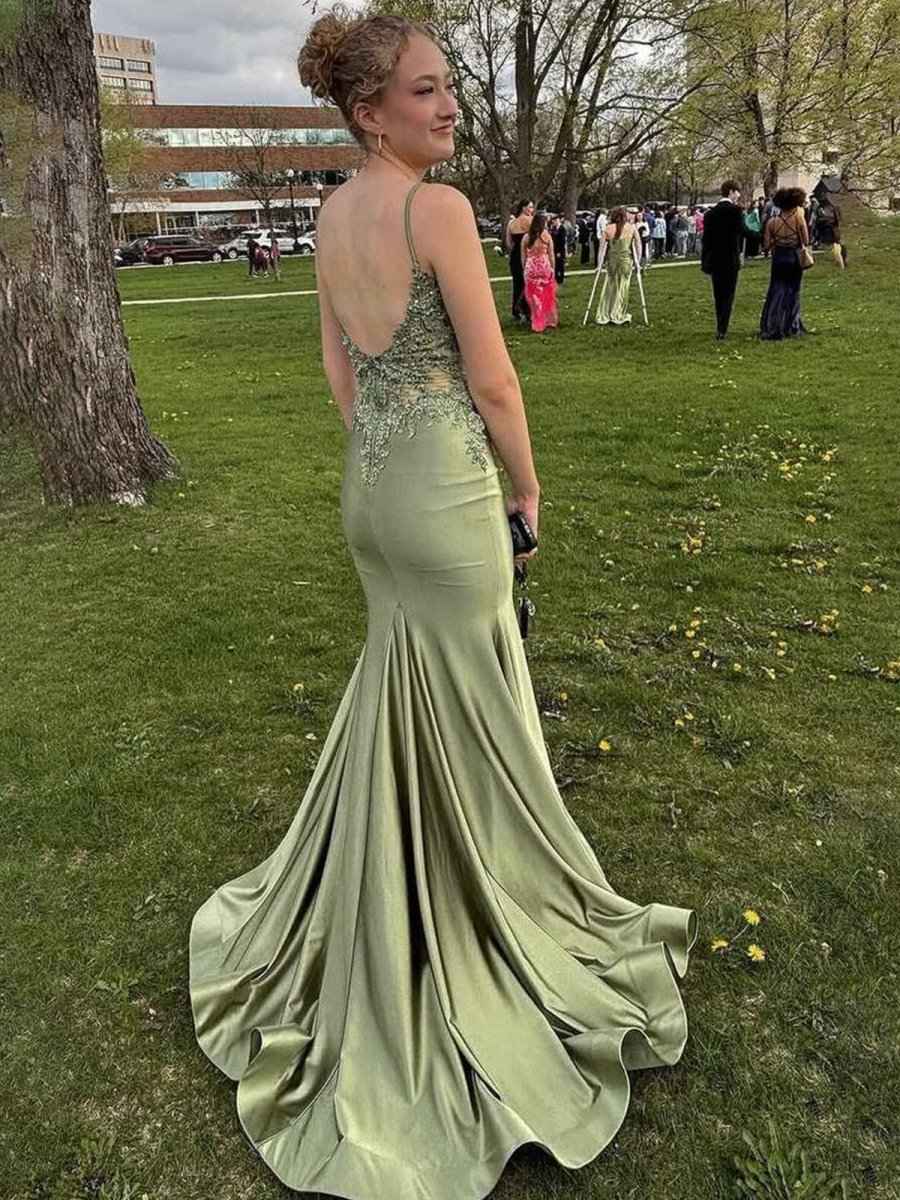 Sage Mermaid Spaghetti Straps Long Prom Dress with Appliques