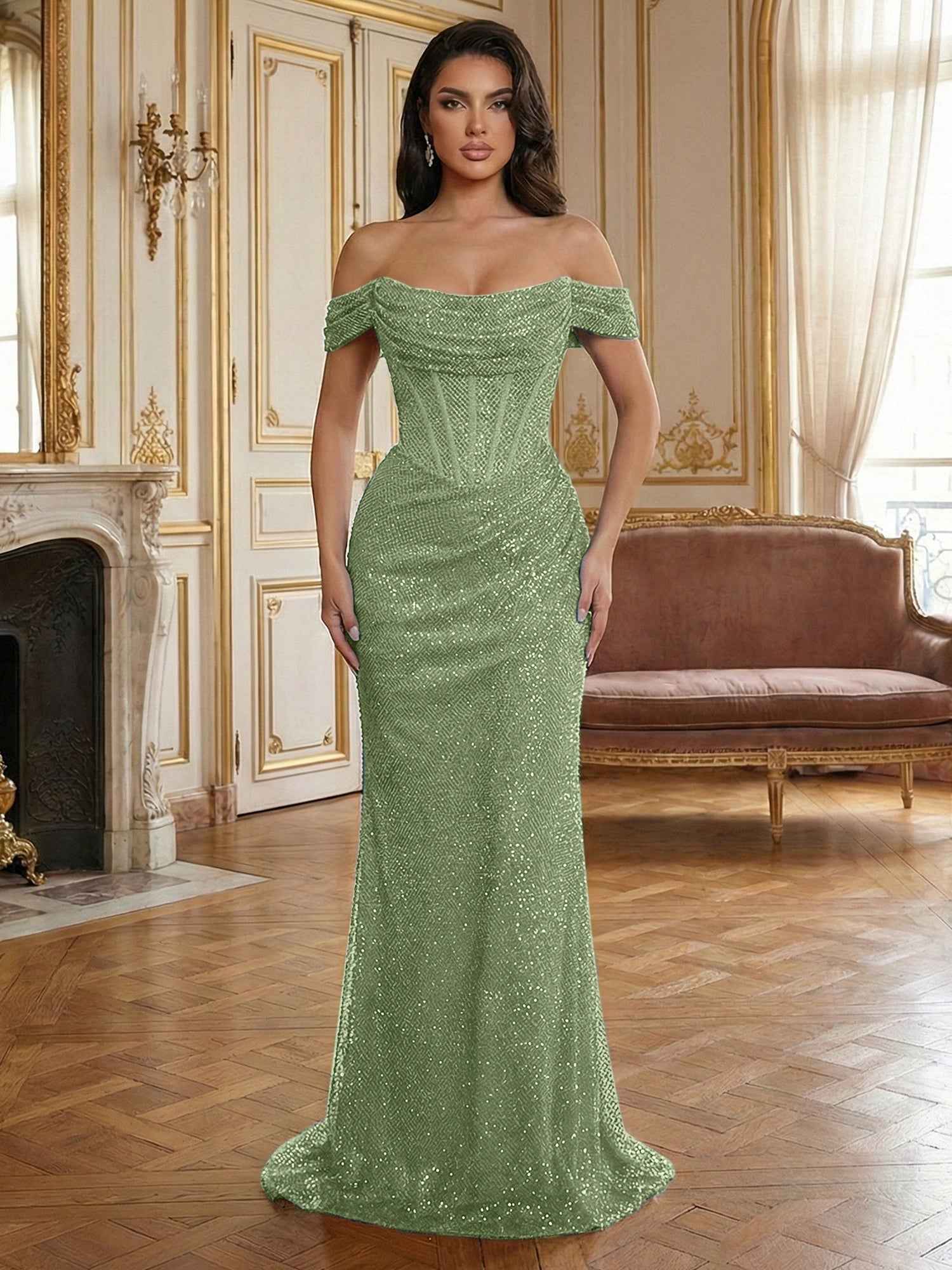 Red Off-The-Shoulder Sequined Corset Mermaid Long Prom Dress