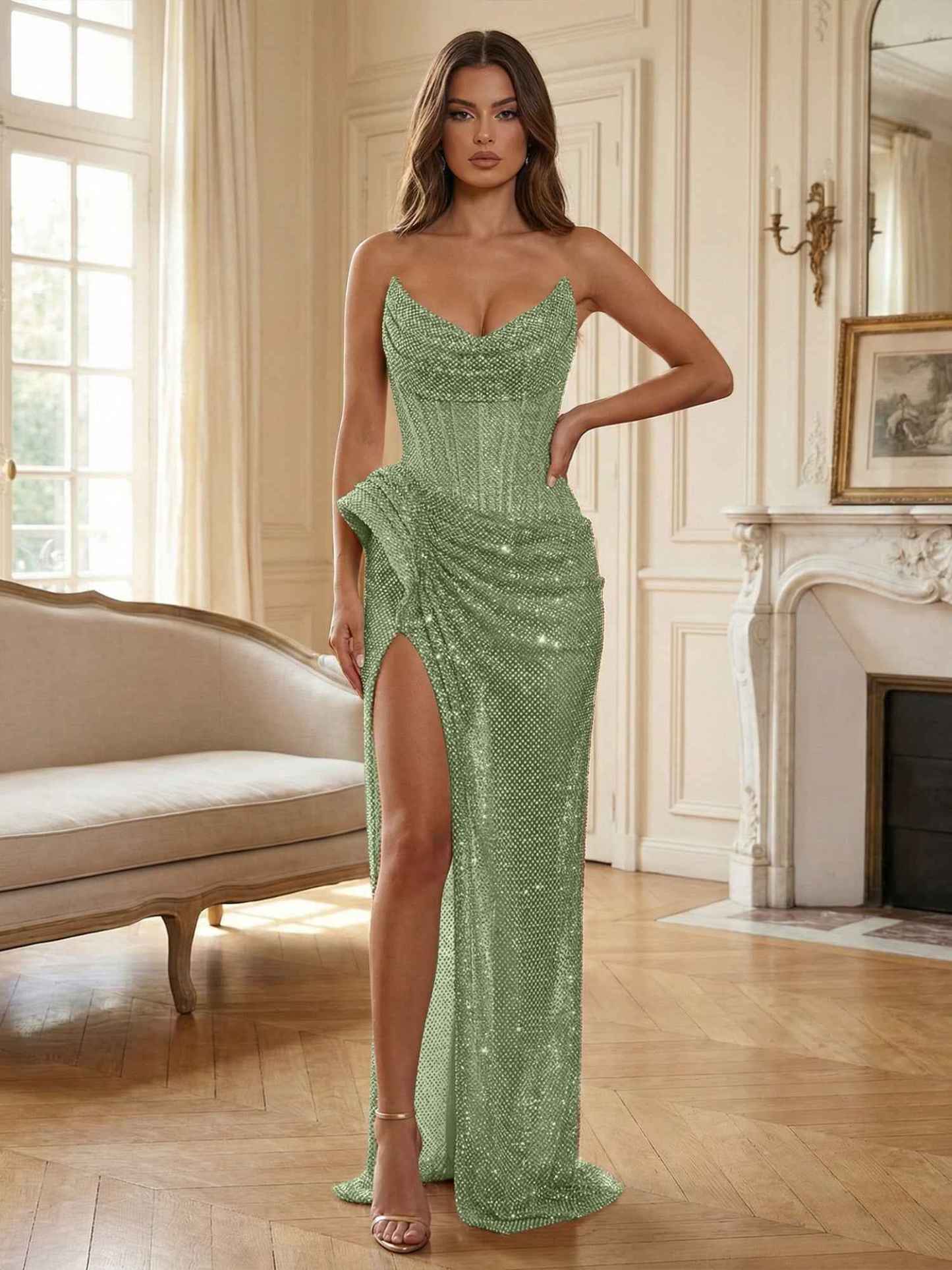 Champagne Gold Crystal-Embellished Corset Long Prom Dress with Slit