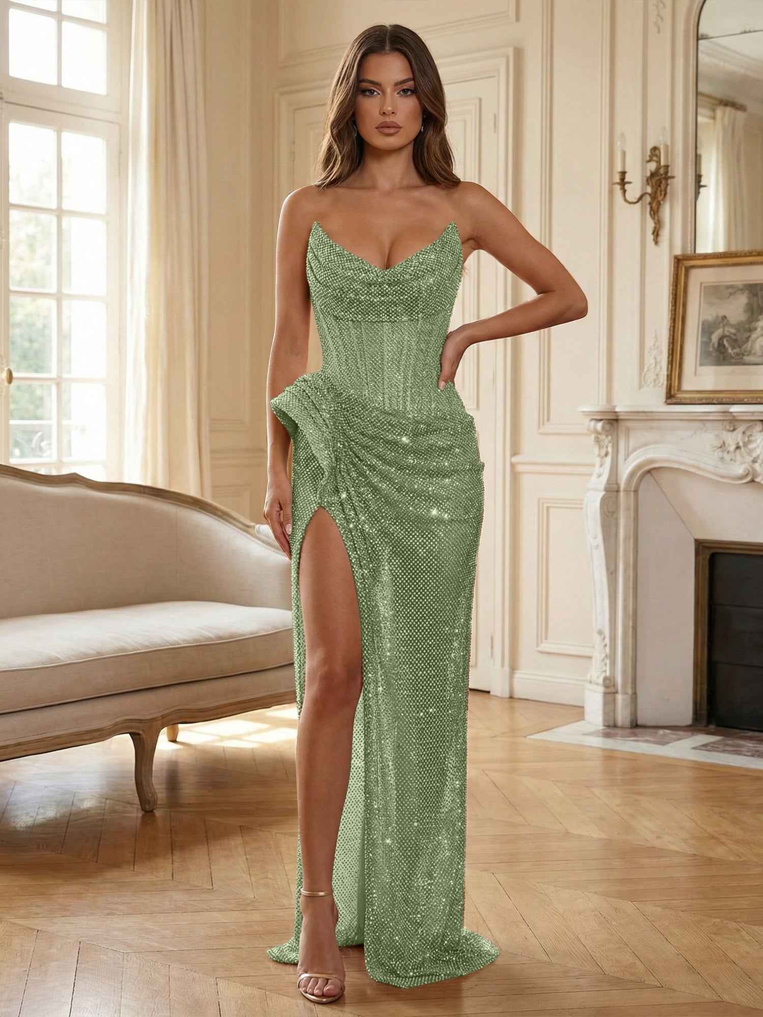 Champagne Gold Crystal-Embellished Corset Long Prom Dress with Slit