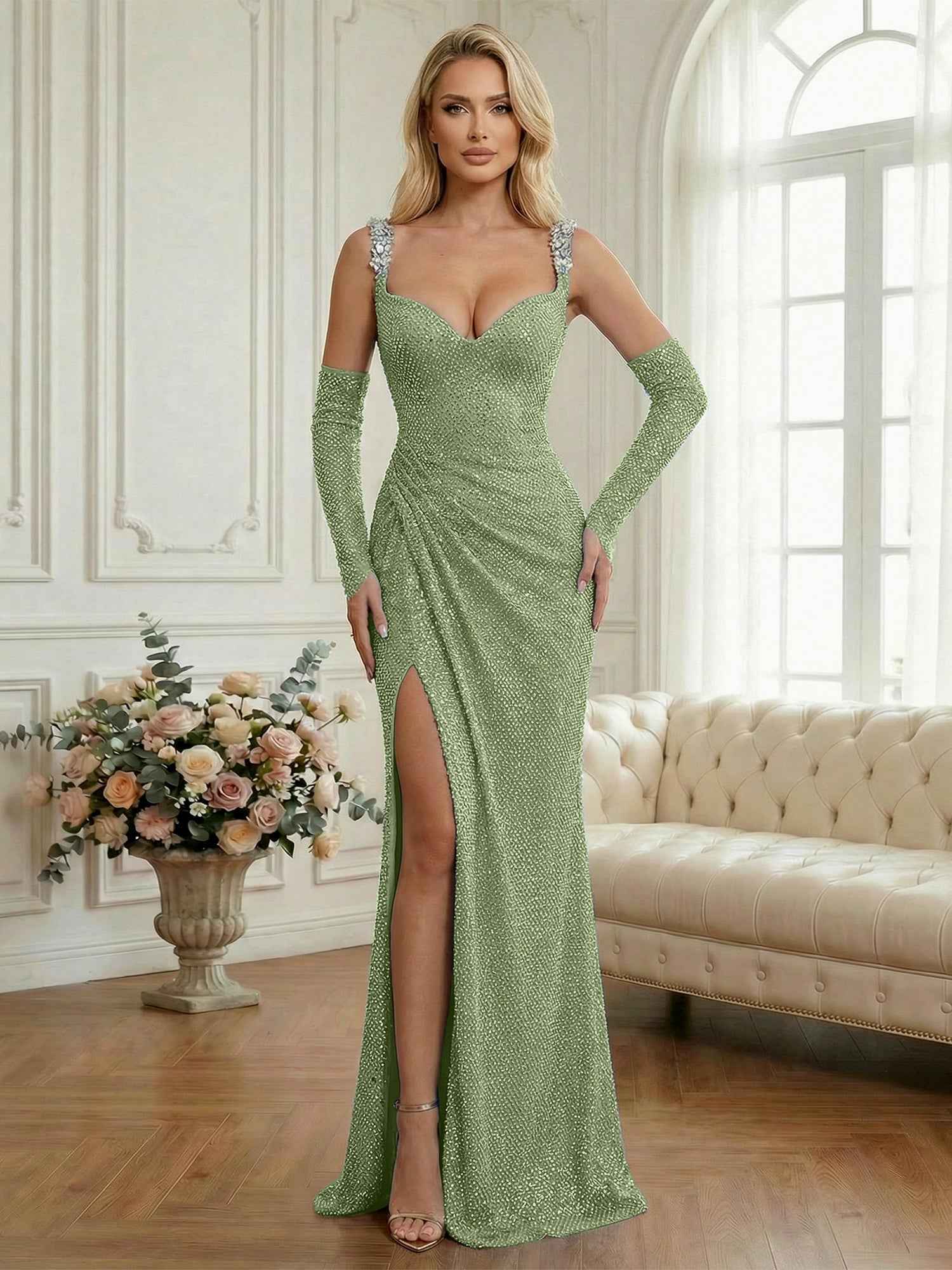 Light Blue Sequin Mermaid Matching Opera Gloves Long Prom Dress with Slit