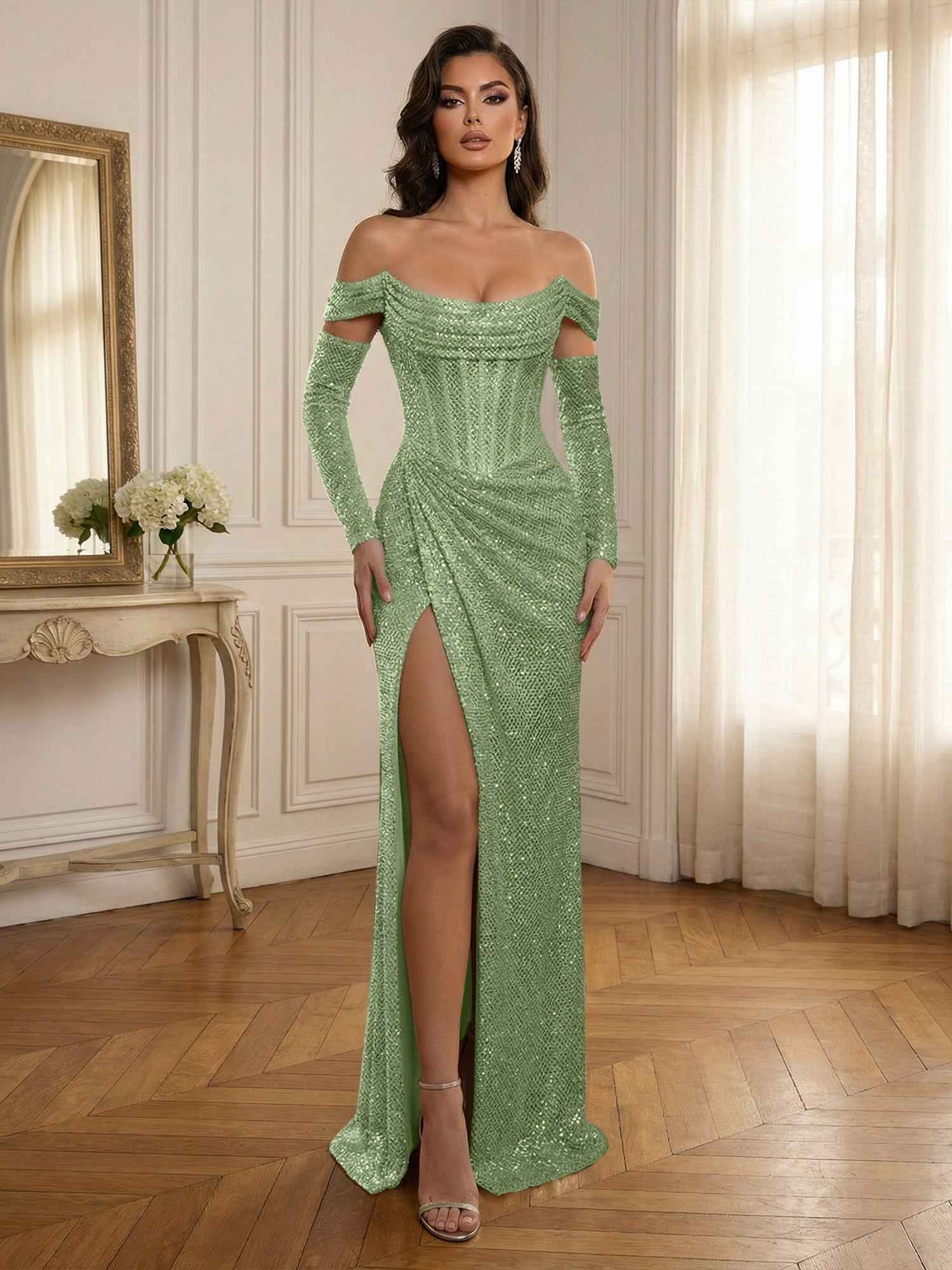 Silver Sequin Off-the-Shoulder Long Sleeves Corset Prom Dress with Slit