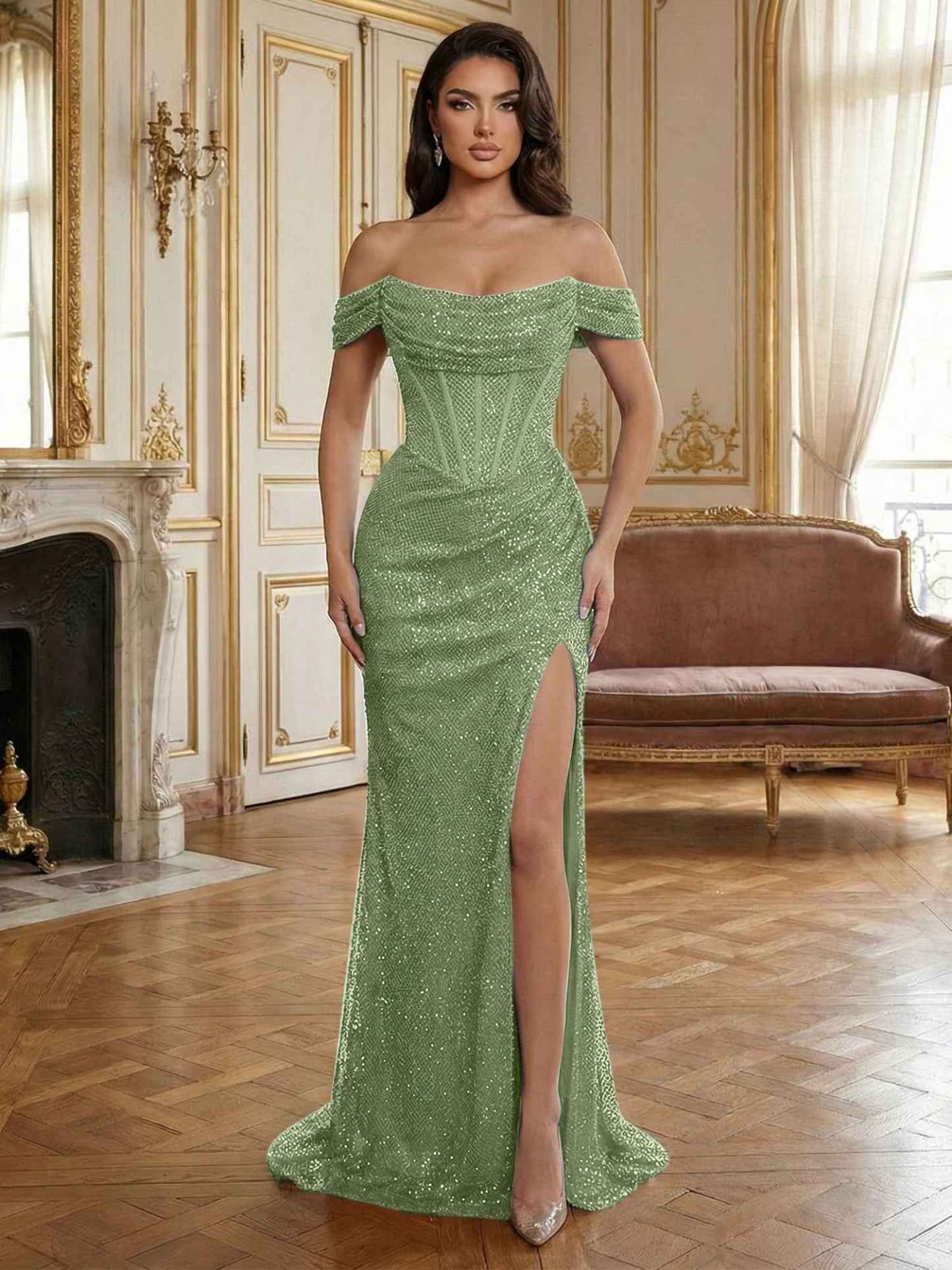 Sequin Off-the-Shoulder Corset Bodice Long Prom Dress with Slit