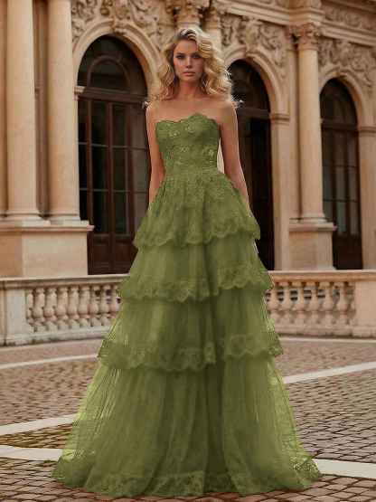 Red Tiered Tulle Strapless Lace Bodice A-Line Long Prom Dress
