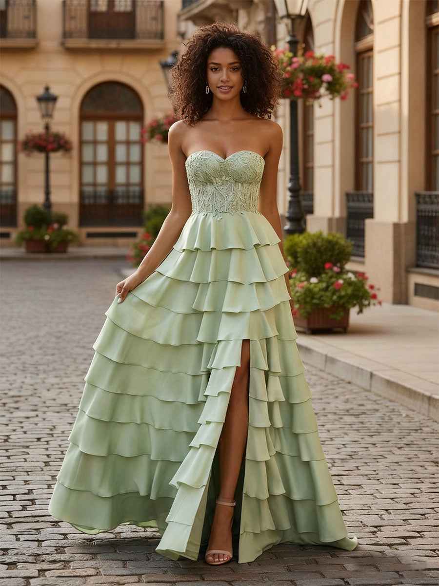 Sage Green Strapless Tiered Ruffle Prom Dress with Floral Lace Bodice