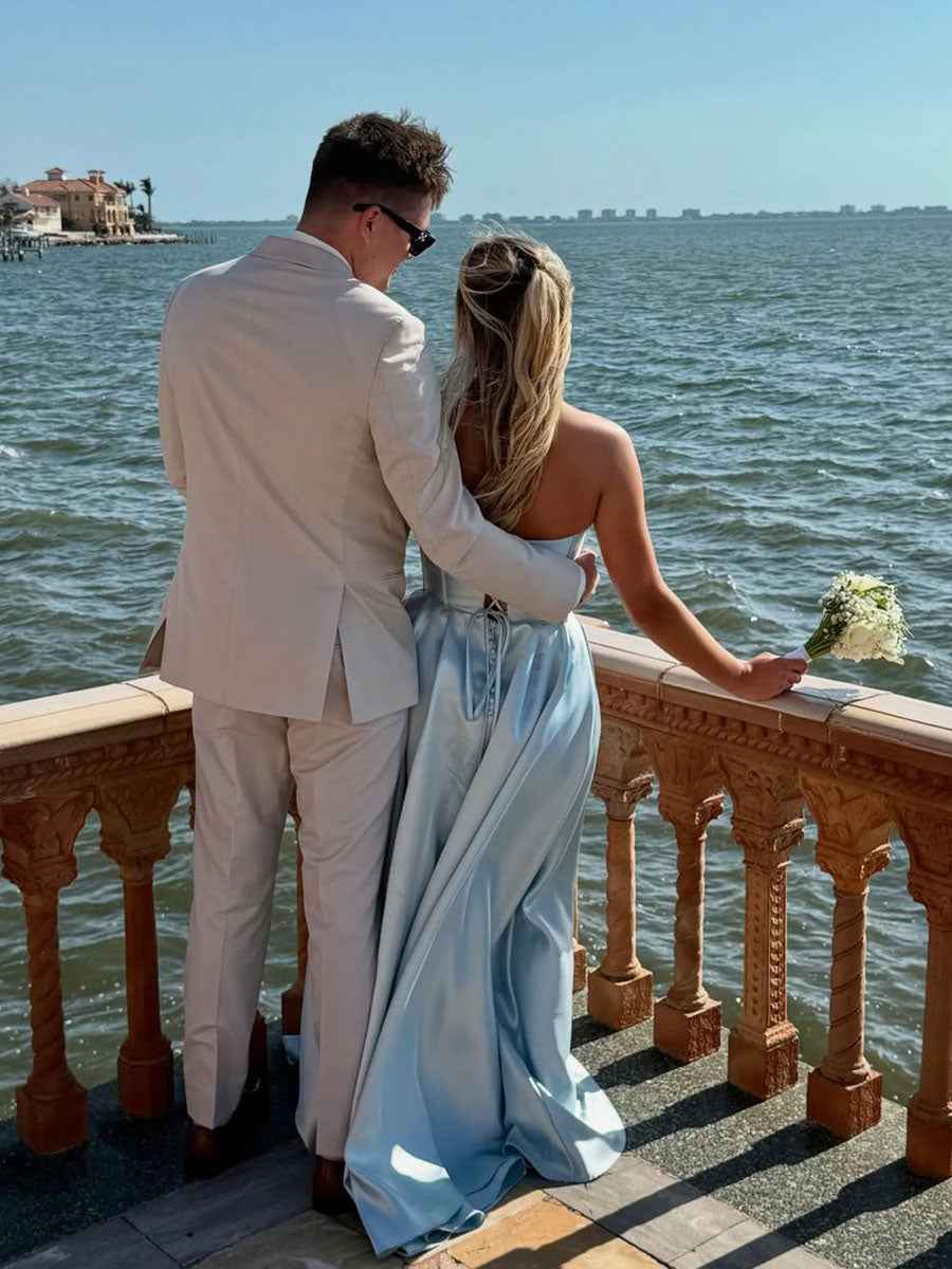 Satin A-Line Beaded Corset Prom Dress with High Slit