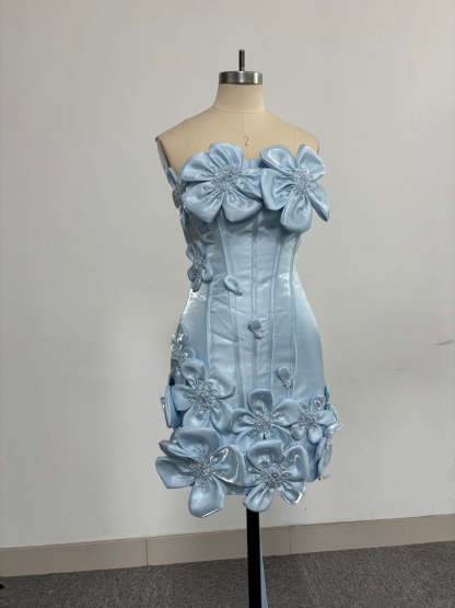 Satin Strapless Homecoming Dress 3D Floral Applique Boned Corset Mini Dress Lace-Up Back Short Formal Party Gown