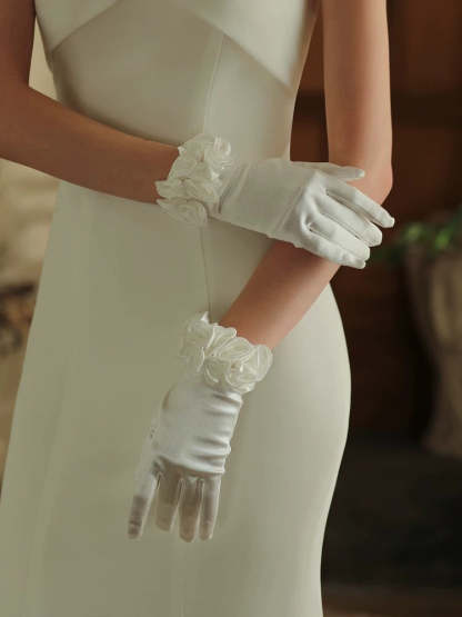 Satin Wedding Gloves with Ruffles