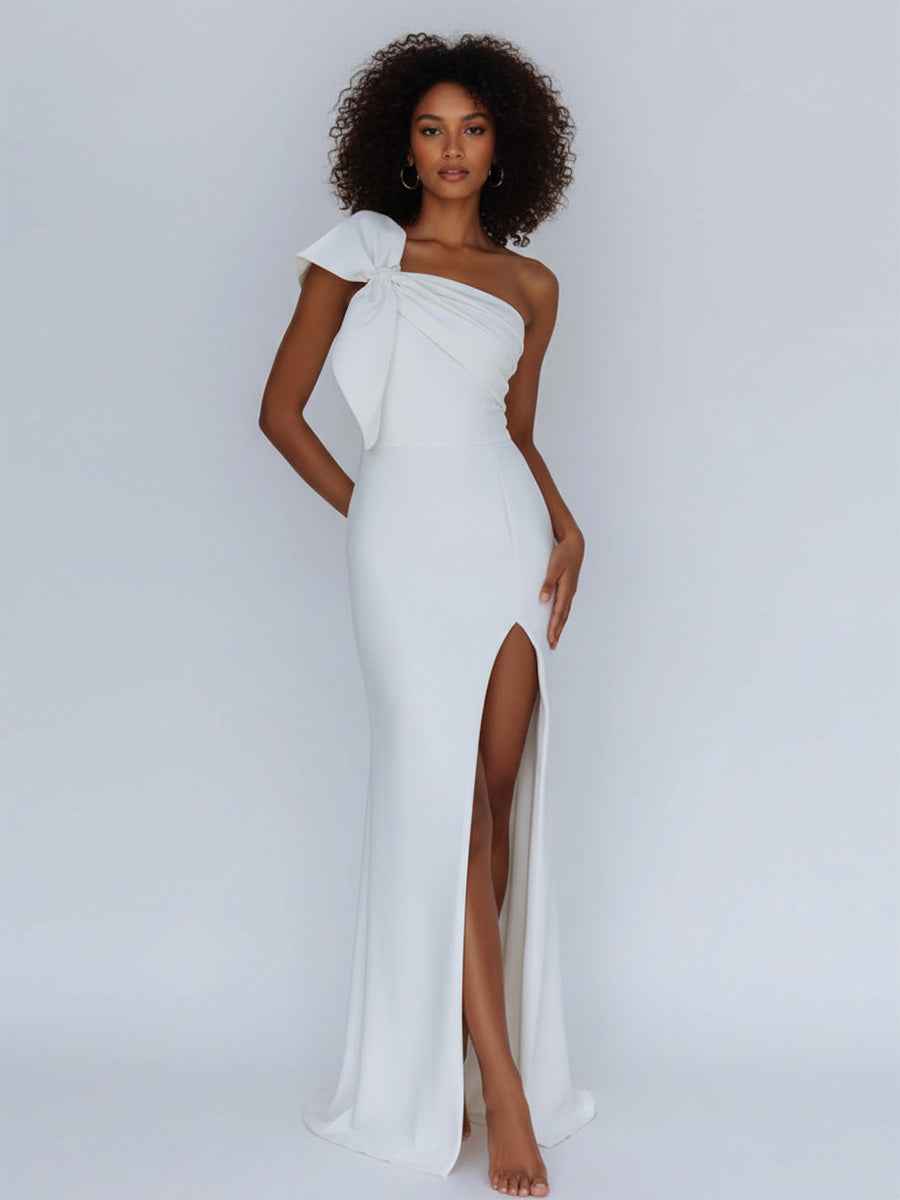 Satin One Shoulder Ruched Long Prom Dress with Bow
