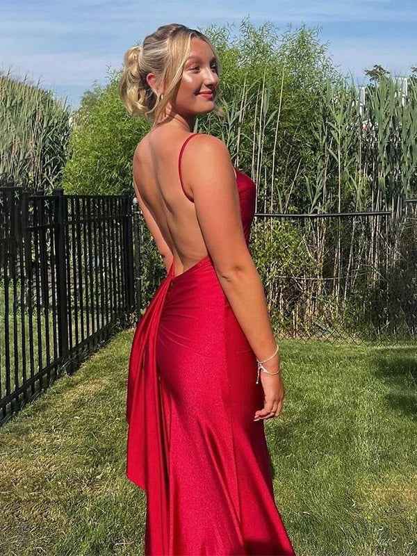 Blue Mermaid Spaghetti Straps Satin Backless Long Prom Dress