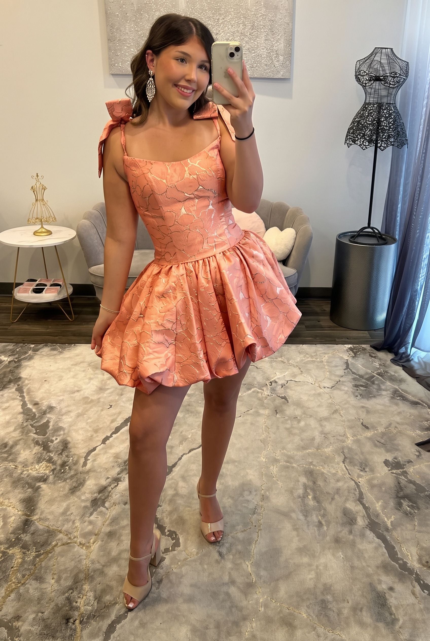 Scoop Neck Bow Strap Jacquard Corset Homecoming Dress Bubble Mini Open Back