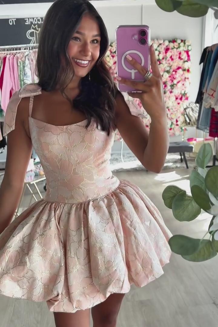 Scoop Neck Bow Strap Jacquard Corset Homecoming Dress Bubble Mini Open Back
