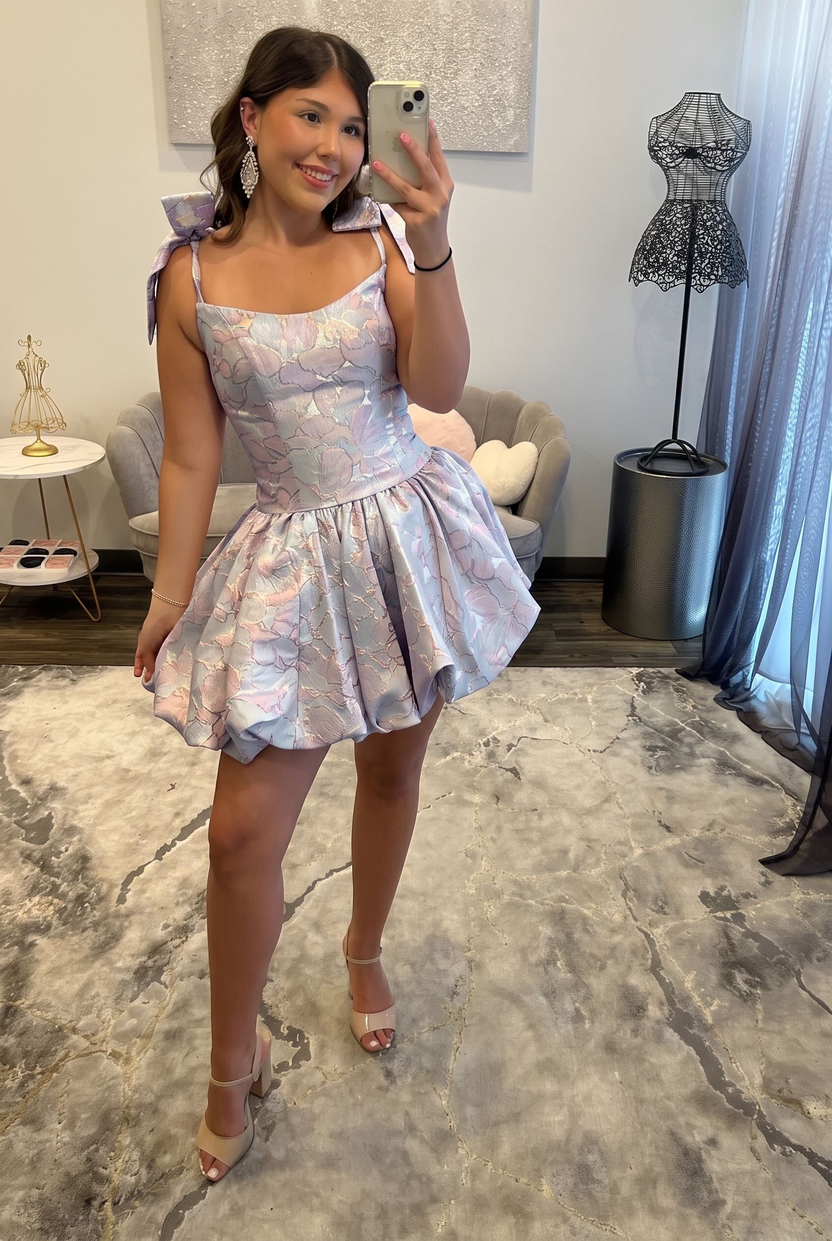 Scoop Neck Bow Strap Jacquard Corset Homecoming Dress Bubble Mini Open Back