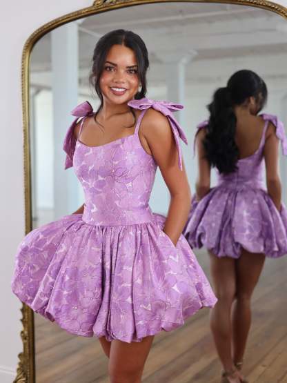 Scoop Neck Bow Strap Jacquard Corset Homecoming Dress Bubble Mini Open Back