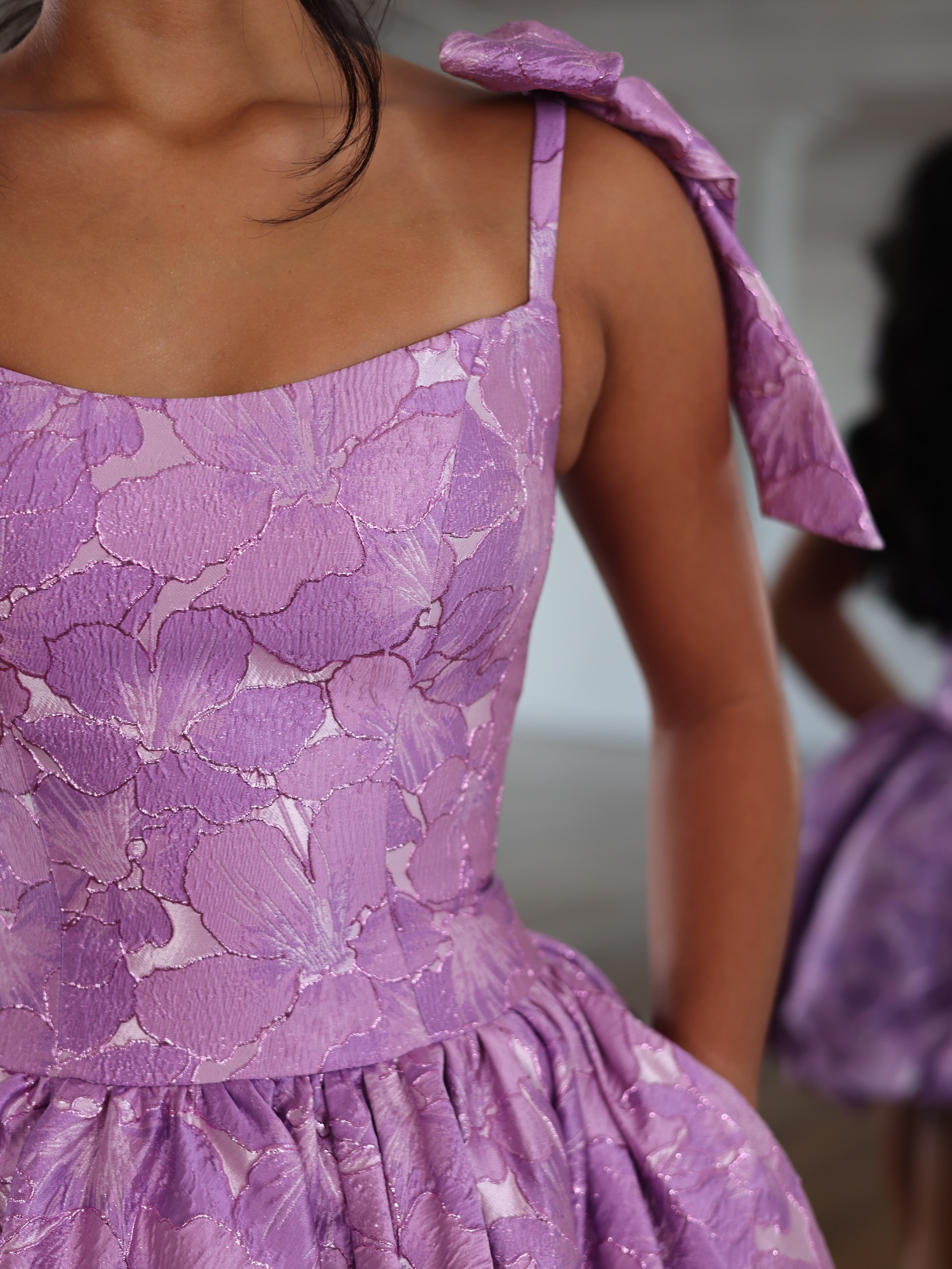 Scoop Neck Bow Strap Jacquard Corset Homecoming Dress Bubble Mini Open Back