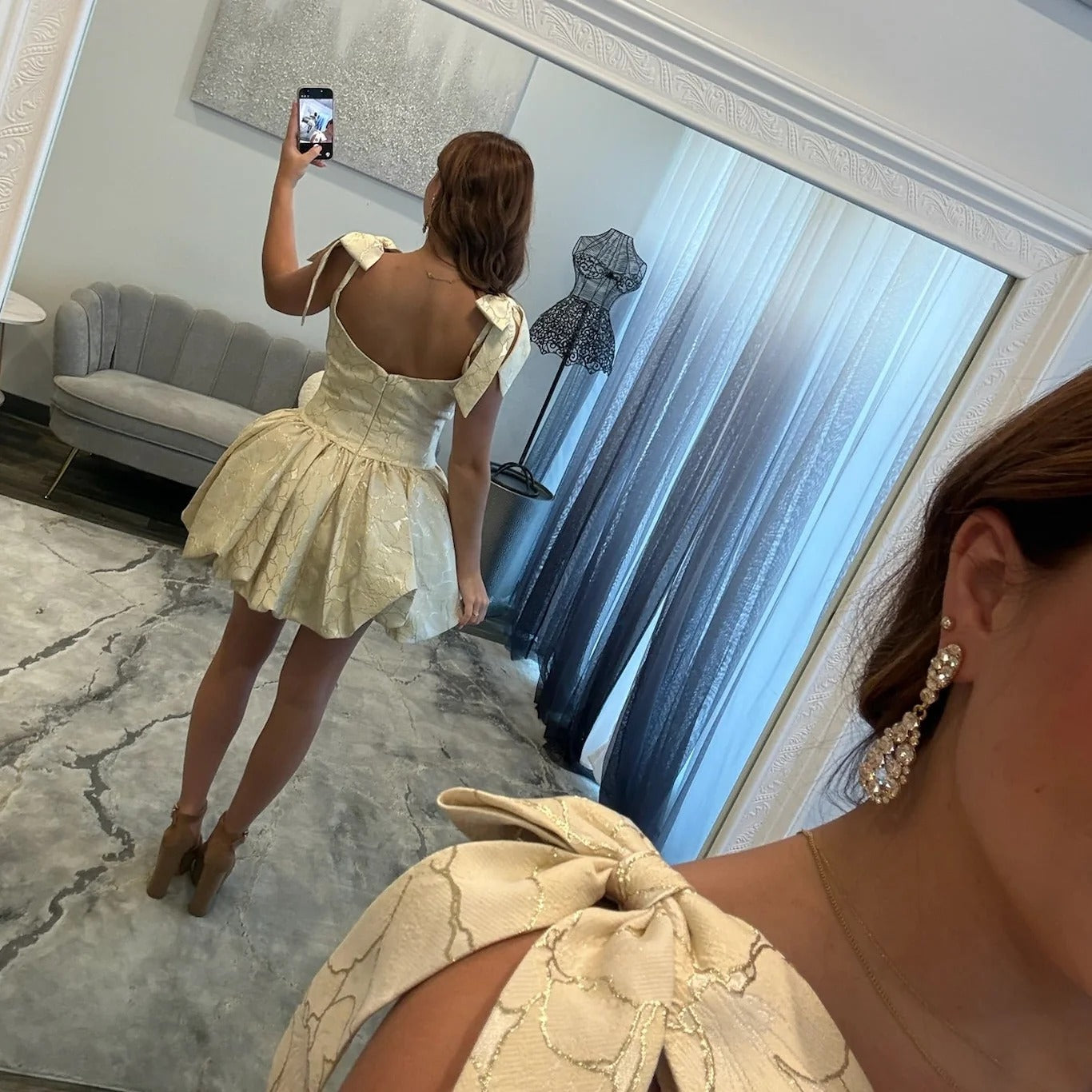 Scoop Neck Bow Strap Jacquard Corset Homecoming Dress Bubble Mini Open Back