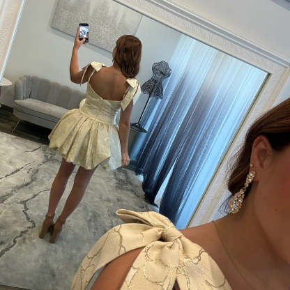 Scoop Neck Bow Strap Jacquard Corset Homecoming Dress Bubble Mini Open Back