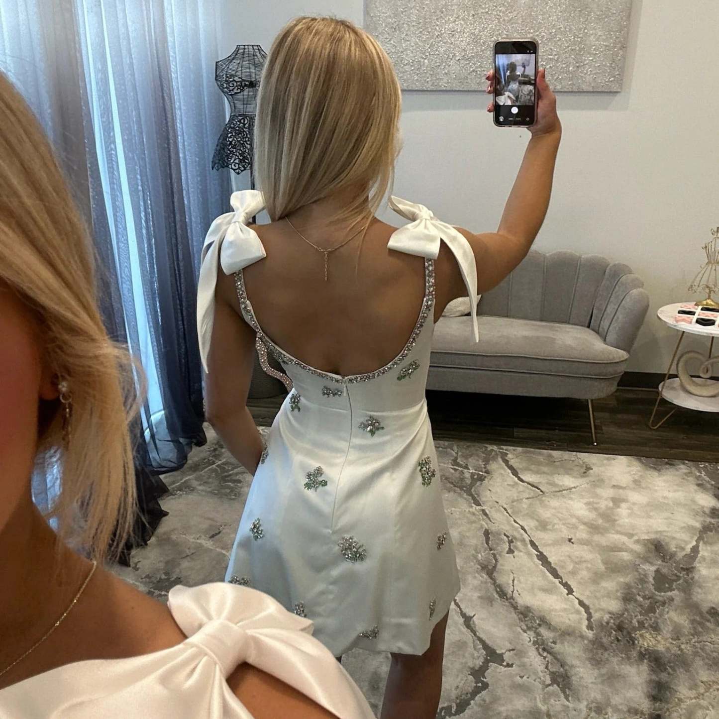 Scoop Neck Bow Strap Satin Homecoming Dress Crystal Floral Embroidery Mini A-Line