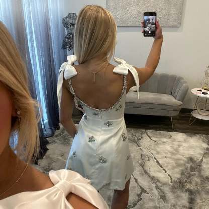 Scoop Neck Bow Strap Satin Homecoming Dress Crystal Floral Embroidery Mini A-Line