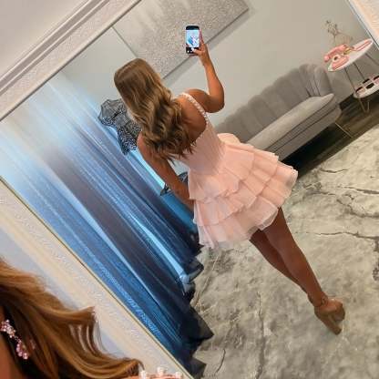 Scoop Neck Crystal Trim Corset Homecoming Dress Thick Strap Tiered Chiffon Ruffle Mini