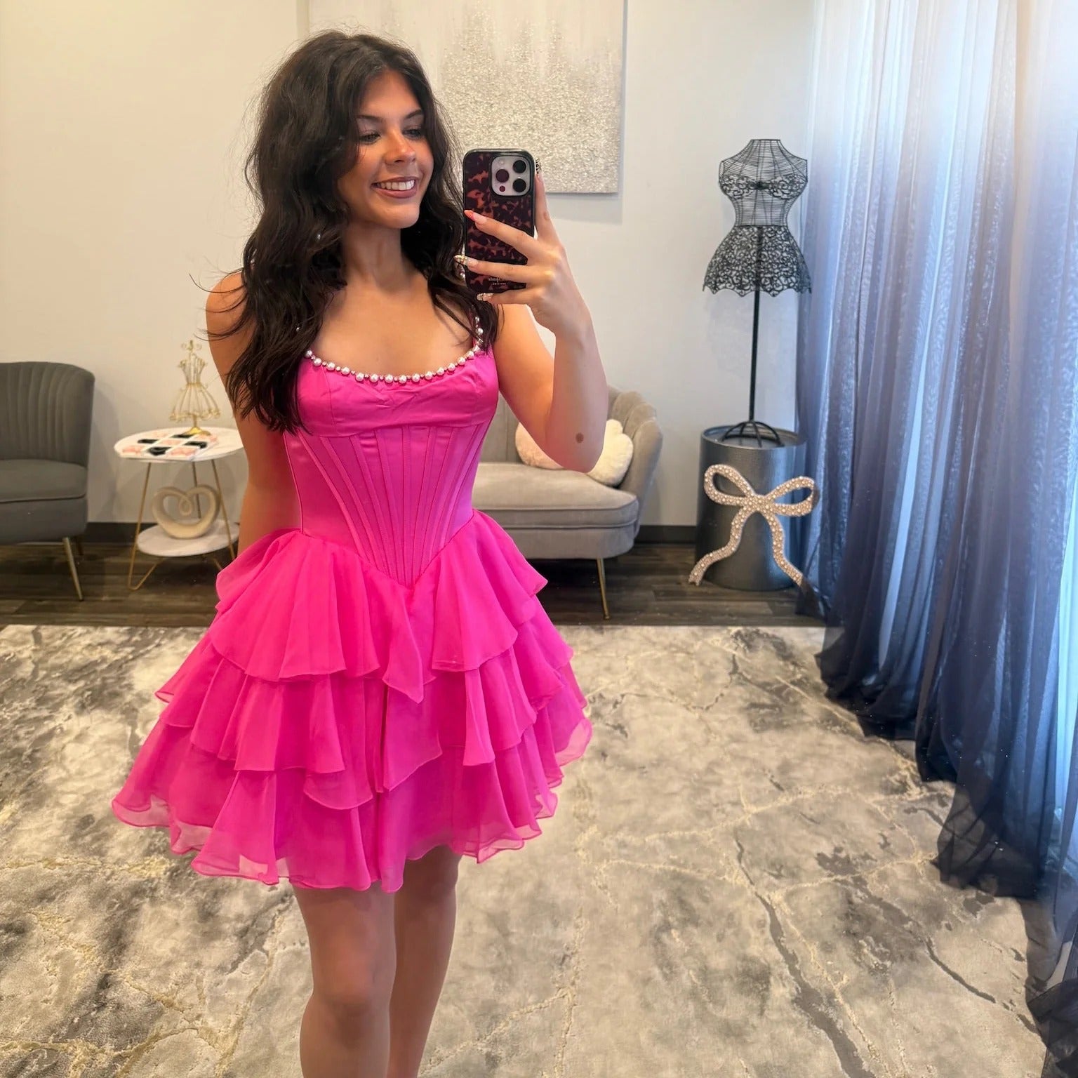 Scoop Neck Crystal Trim Corset Homecoming Dress Thick Strap Tiered Chiffon Ruffle Mini