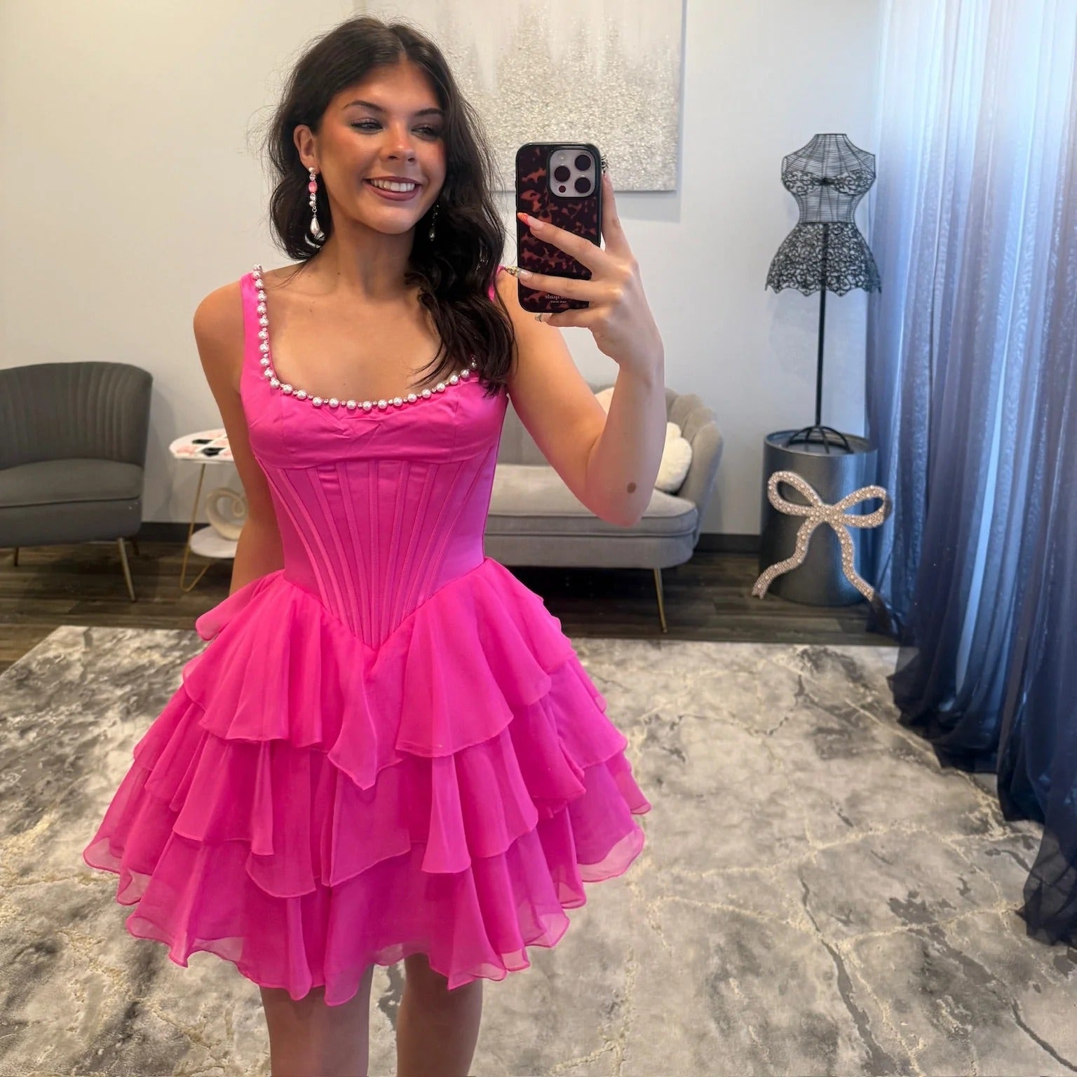 Scoop Neck Crystal Trim Corset Homecoming Dress Thick Strap Tiered Chiffon Ruffle Mini