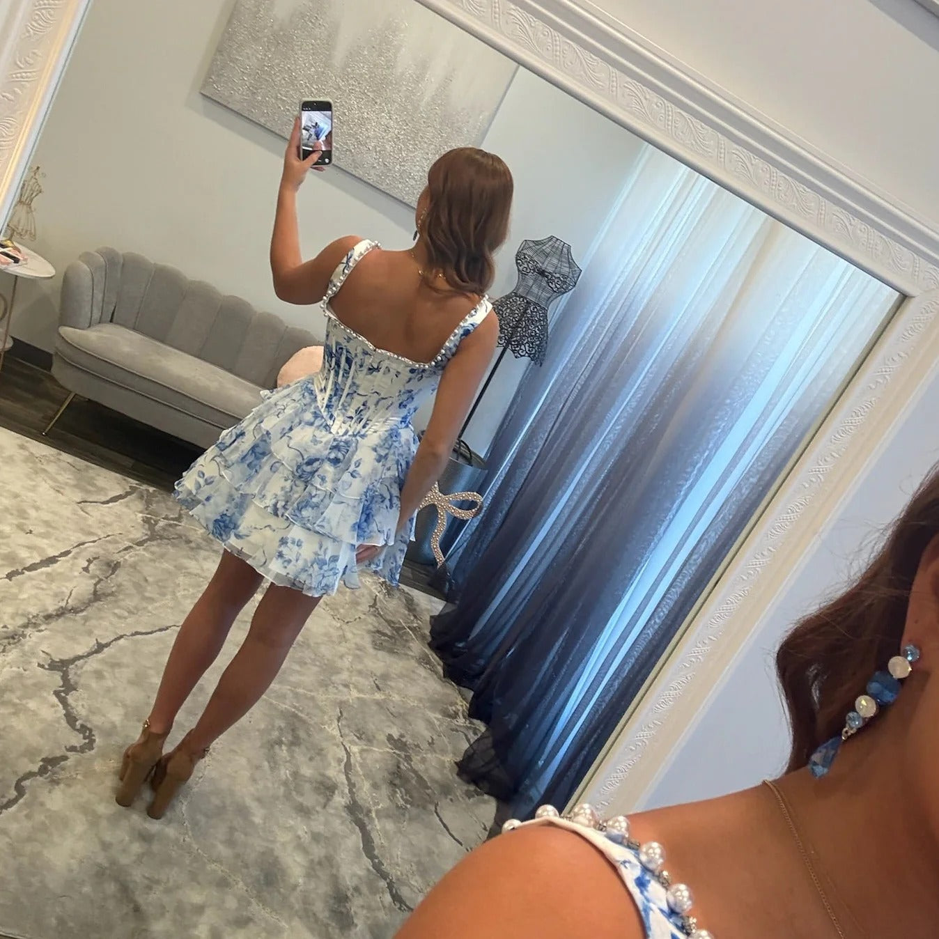 Scoop Neck Pearl Trim Floral Chiffon Corset Homecoming Dress Thick Strap Tiered Ruffle Mini