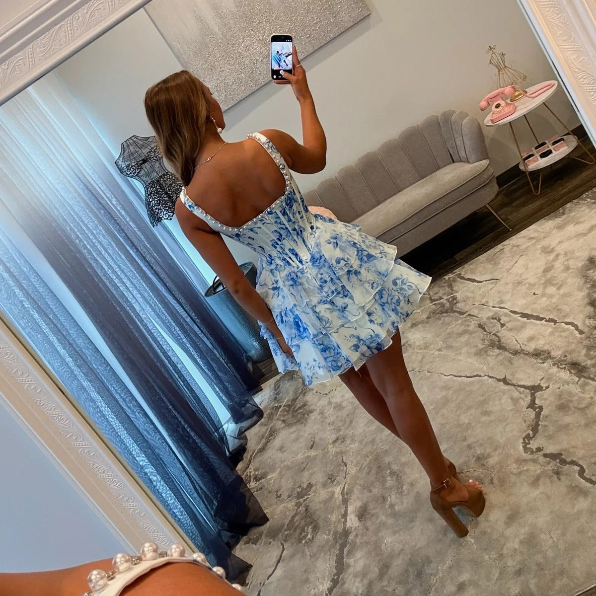Scoop Neck Pearl Trim Floral Chiffon Corset Homecoming Dress Thick Strap Tiered Ruffle Mini