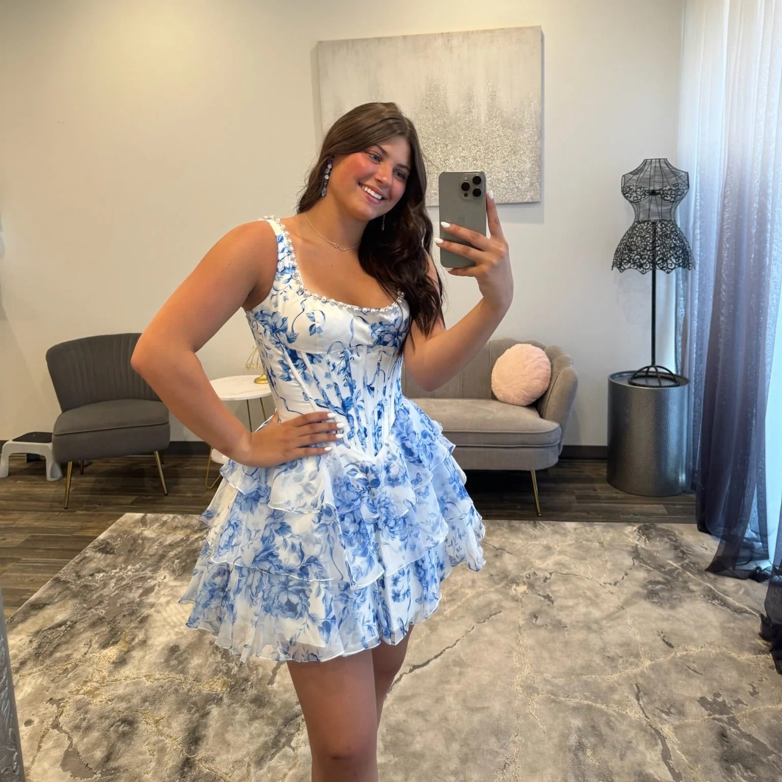 Scoop Neck Pearl Trim Floral Chiffon Corset Homecoming Dress Thick Strap Tiered Ruffle Mini
