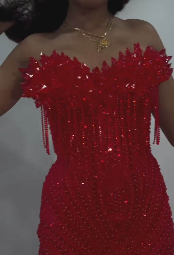 The Ruby Heiress - 2026 Hand-Beaded Crimson Mermaid Gown with Matching Crystal-Encrusted Hooded Veil