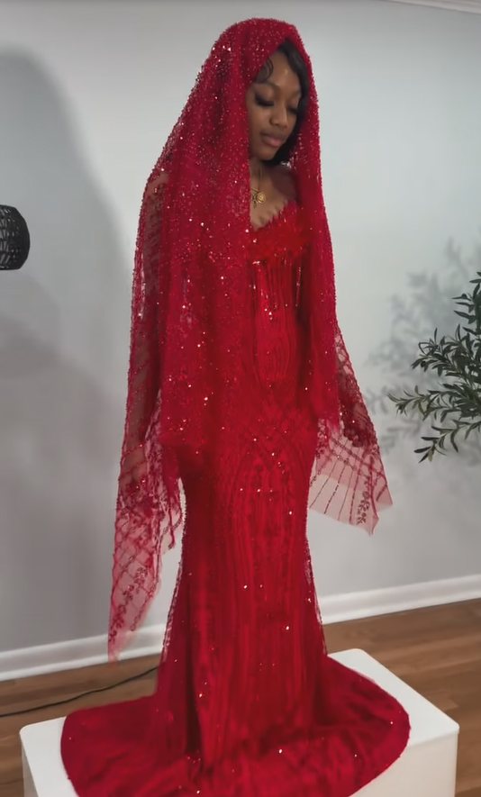 The Ruby Heiress - 2026 Hand-Beaded Crimson Mermaid Gown with Matching Crystal-Encrusted Hooded Veil