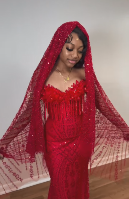 The Ruby Heiress - 2026 Hand-Beaded Crimson Mermaid Gown with Matching Crystal-Encrusted Hooded Veil