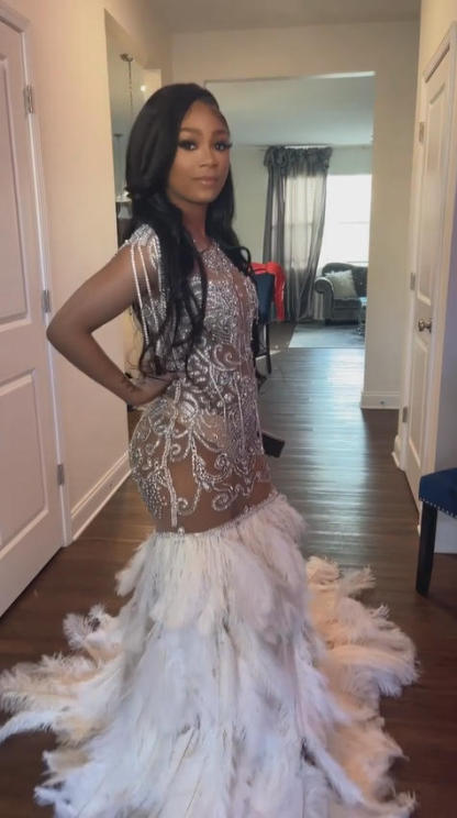 The Silver Swan - 2026 Silver Crystal Feather Illusion Mermaid Gown: Plunging V-Neckline with Sheer Bodice, Crystal Beadwork & White Feather Skirt