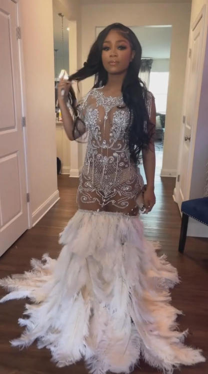 The Silver Swan - 2026 Silver Crystal Feather Illusion Mermaid Gown: Plunging V-Neckline with Sheer Bodice, Crystal Beadwork & White Feather Skirt