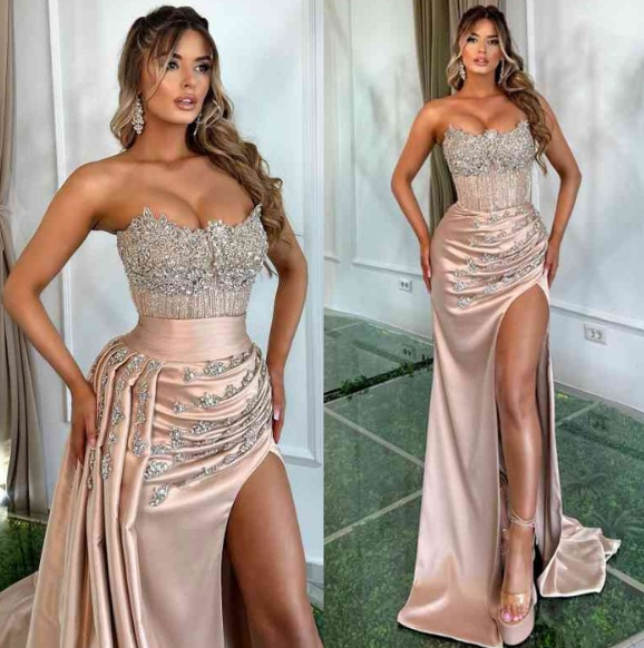 Sparkly Corset Strapless Long Prom Dress with Slit