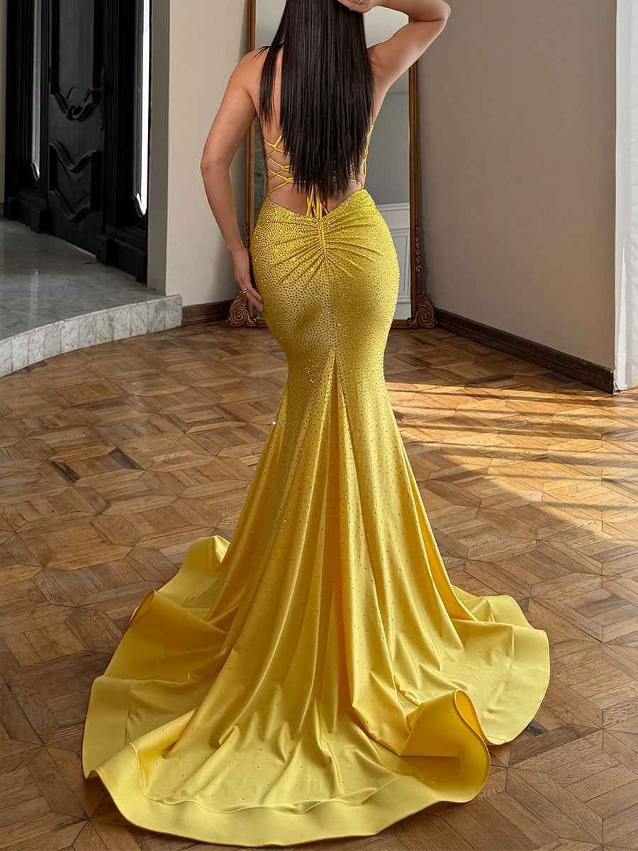 Blue Sequin V Neck Long Mermaid Prom Dress