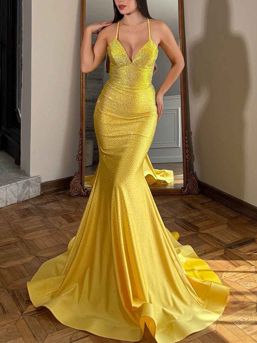 Blue Sequin V Neck Long Mermaid Prom Dress