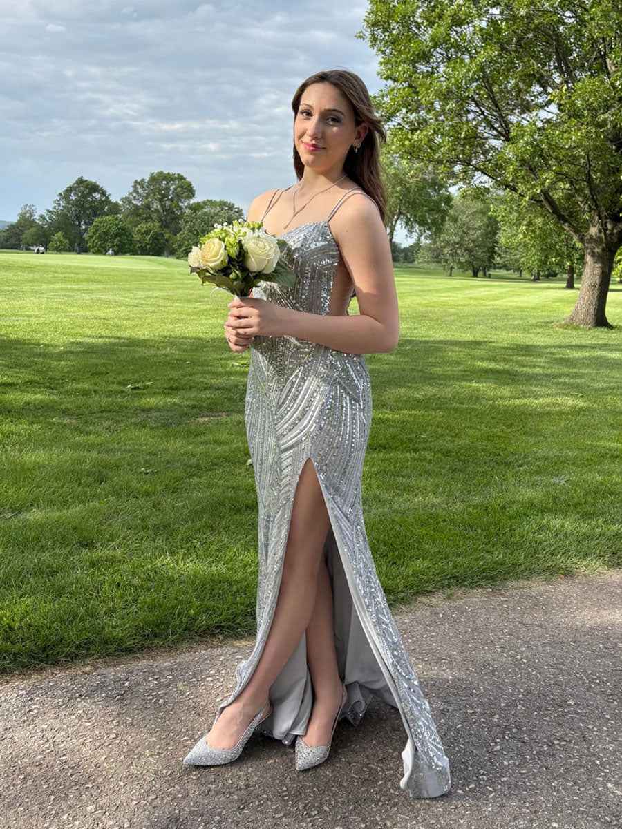 Sequin Pattern Plunging V-Neck Prom Dress with Slit