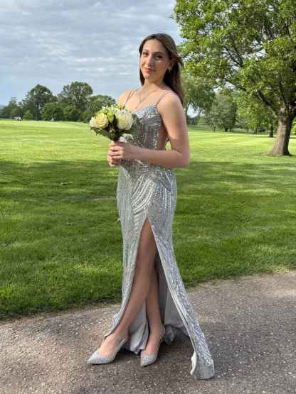 Sequin Pattern Plunging V-Neck Prom Dress with Slit