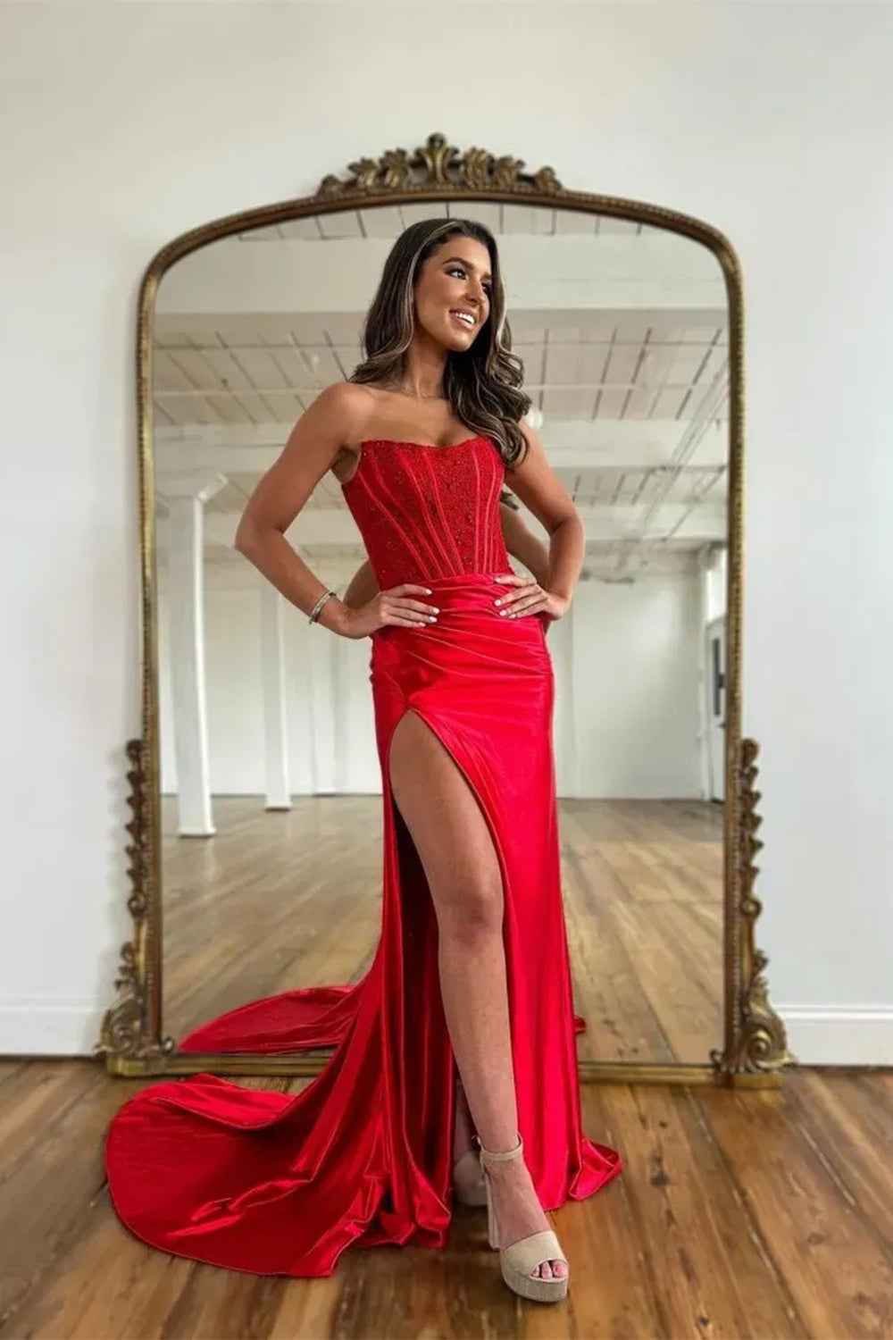 Fuchsia Strapless Corset Mermaid Long Satin Prom Dress with Slit