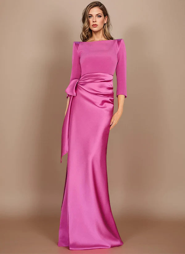 Floor-Length Mother of the Bride Dress with Bow and 3/4 Sleeves in Sheath/Column Style-BMbridal