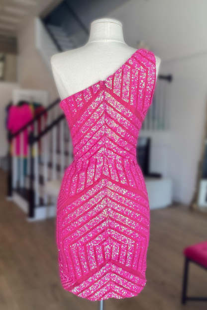 Sheath Fuchsia One Shoulder Sequins Tight Short Homecoming Dress